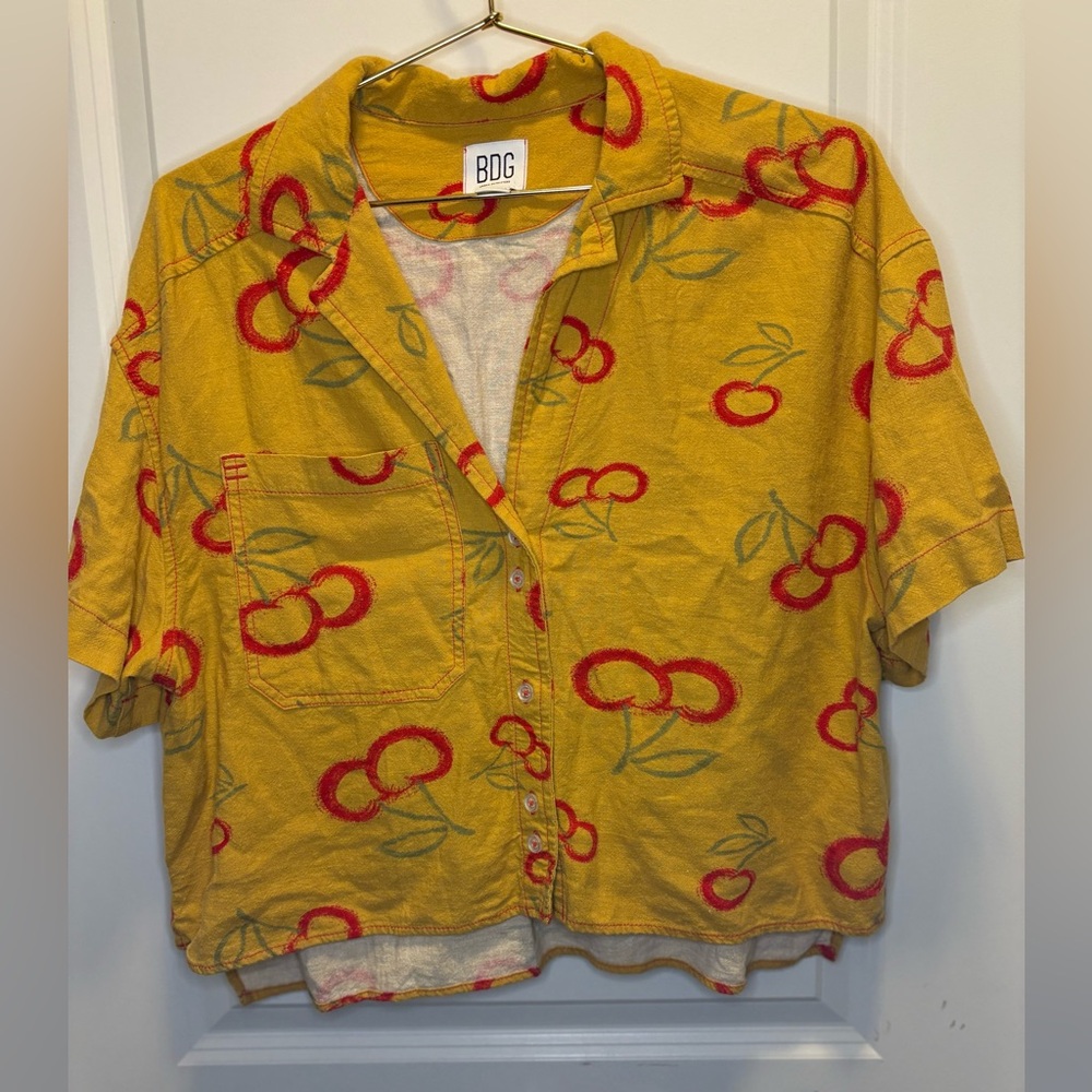 BDG cherry linen blend button up